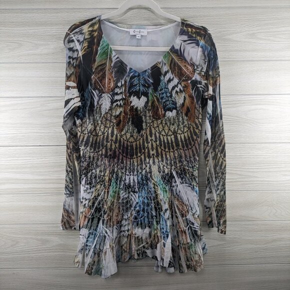 Sheer Sleeve Bling Feather Print Long Sleeve Top - Picture 1 of 11